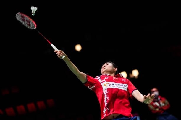 Han Yue of China competes in the Women's Single match against Julie Dawall Jakobsen of Denmark during day four of the Thomas & Uber Cup on October...
