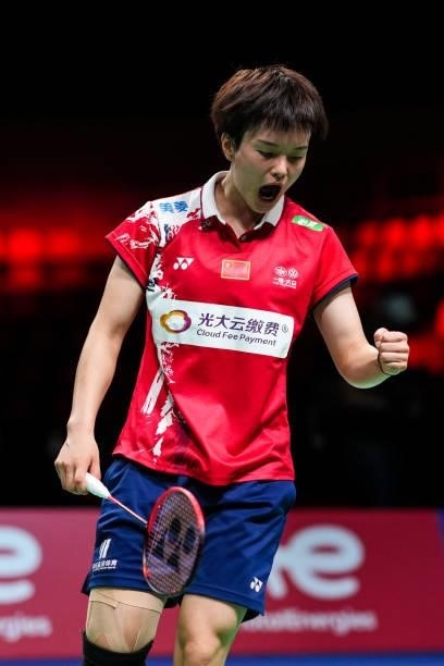 Wang Zhiyi of China reacts in the Women's Single match against Line Hojmark Kjaersfeldt of Denmark during day four of the Thomas & Uber Cup on...