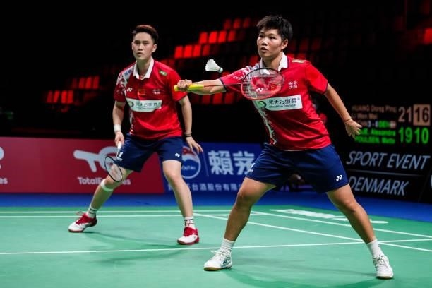 Huang Dongping and Li Wenmei of China compete in the Women's Double match against Alexandra Boje and Mette Poulsen of Denmark during day four of the...