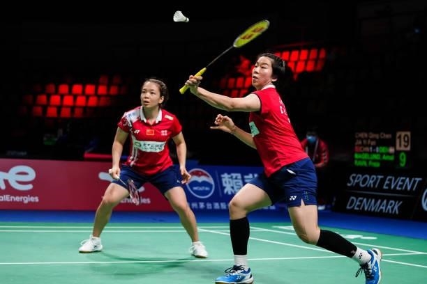 Chen Qingchen and Jia Yifan of China compete in the Women's Double match against Amalie Magelund and Freja Ravn of Denmark during day four of the...