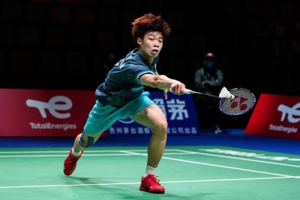 Ng Tze Yong of Malaysia competes in the Men's Single match against B.R. Sankeerth of Canada during day four of the Thomas & Uber Cup on October 12,...