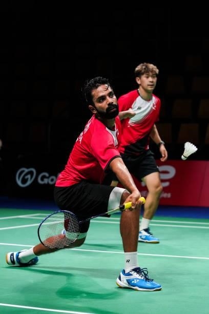 Sankeerth and Nyl Yakura of Canada compete in the Men's Double match against Aaron Chia and Goh Sze Fei of Malaysia during day four of the Thomas &...