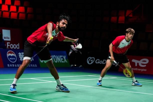 Sankeerth and Nyl Yakura of Canada compete in the Men's Double match against Aaron Chia and Goh Sze Fei of Malaysia during day four of the Thomas &...