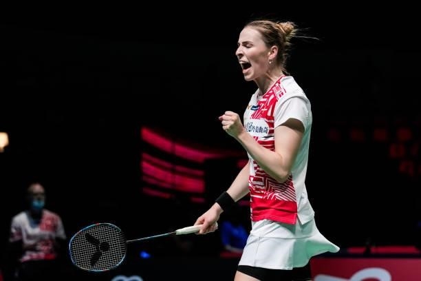 Line Hojmark Kjaersfeldt of Denmark reacts in the Women's Single match against Wang Zhiyi of China during day four of the Thomas & Uber Cup on...