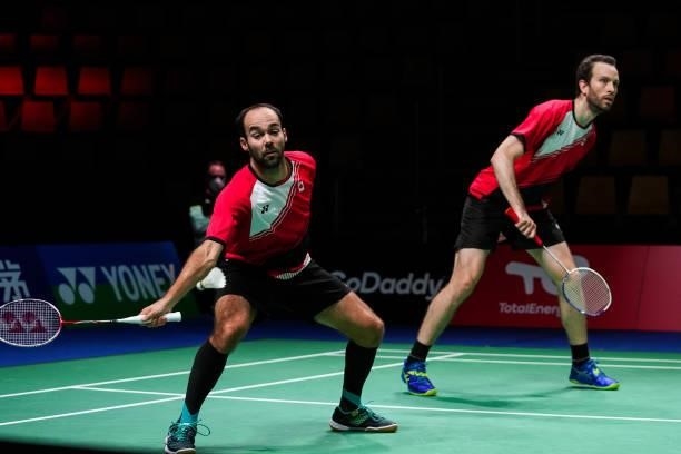 Phillipe Charron and Maxime Tetreault of Canada compete in the Men's Double match against Nur Izzuddin and Soh Wooi Yik of Malaysia during day four...