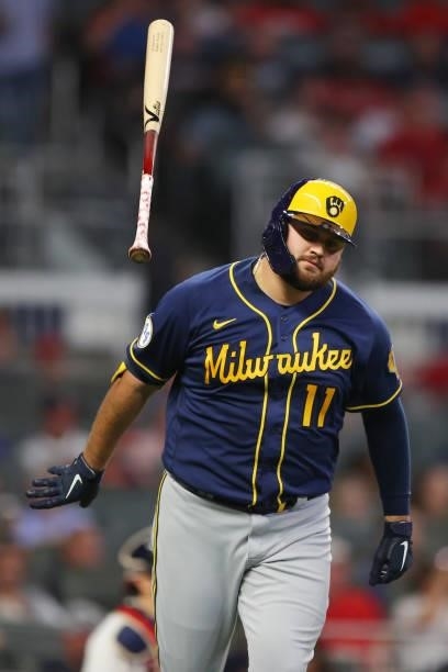 Rowdy Tellez of the Milwaukee Brewers reacts after a two run home run during the fifth inning against the Atlanta Braves in game four of the National...