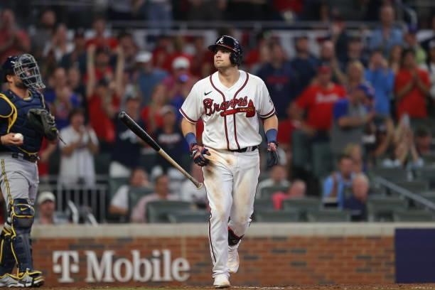 Austin Riley of the Atlanta Braves walks during the fifth inning against the Milwaukee Brewers in game four of the National League Division Series at...