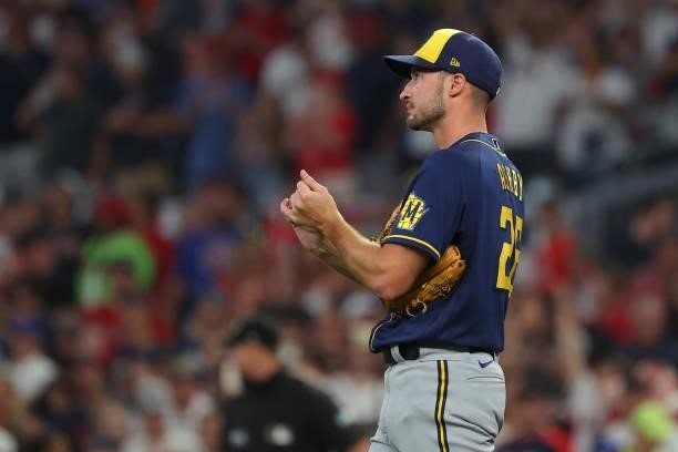 Aaron Ashby of the Milwaukee Brewers reacts after hitting Travis d'Arnaud of the Atlanta Braves during the fourth inning in game four of the National...