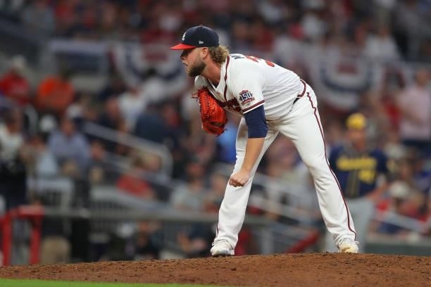 Minter of the Atlanta Braves pitches in the sixth inning against the Milwaukee Brewers in game four of the National League Division Series at Truist...