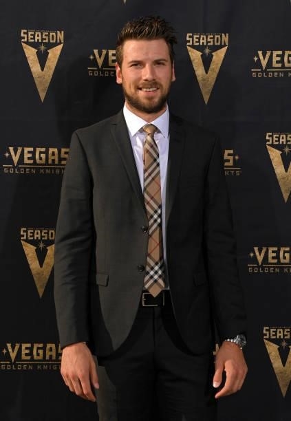 Shea Theodore of the Vegas Golden Knights arrives prior to a game against the Seattle Kraken at T-Mobile Arena on October 12, 2021 in Las Vegas,...