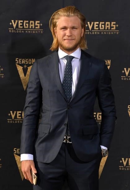 William Karlsson of the Vegas Golden Knights arrives prior to a game against the Seattle Kraken at T-Mobile Arena on October 12, 2021 in Las Vegas,...