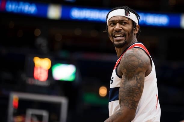 Bradley Beal of the Washington Wizards reacts to a play against the Toronto Raptors during the first half at Capital One Arena on October 12, 2021 in...