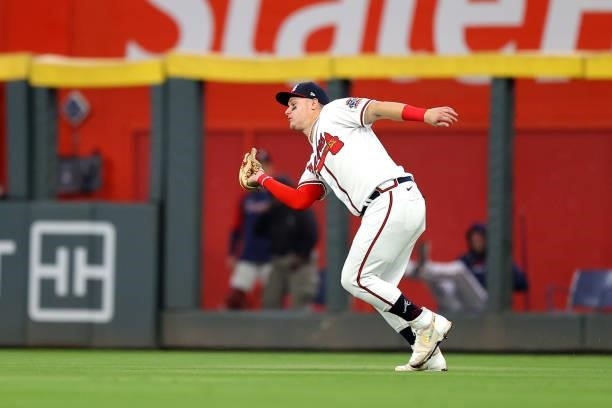 Joc Pederson of the Atlanta Braves makes a catch during the sixth inning against the Milwaukee Brewers in game four of the National League Division...