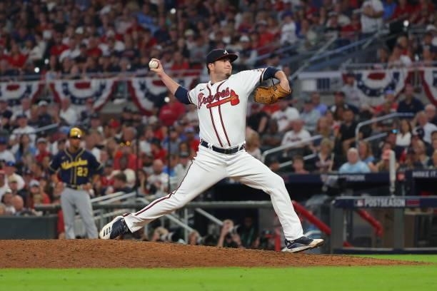 Luke Jackson of the Atlanta Braves delivers during the seventh inning against the Milwaukee Brewers in game four of the National League Division...
