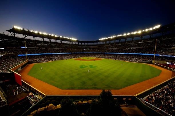 General view between the Atlanta Braves and the Milwaukee Brewers in game four of the National League Division Series at Truist Park on October 12,...