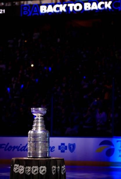 The Stanley Cup is shown before the first period of a game between the Tampa Bay Lightning and the Pittsburgh Penguins at Amalie Arena on October 12,...