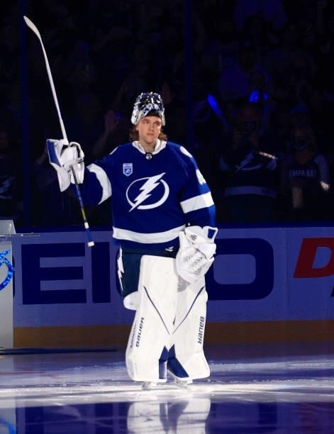 Andrei Vasilevskiy of the Tampa Bay Lightning takes the ice during the first period of a game against the Pittsburgh Penguins at Amalie Arena on...