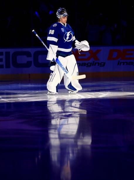 Andrei Vasilevskiy of the Tampa Bay Lightning takes the ice during the first period of a game against the Pittsburgh Penguins at Amalie Arena on...
