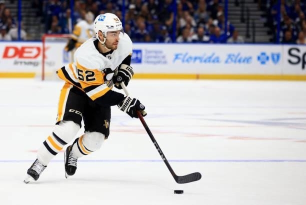 Mark Friedman of the Pittsburgh Penguins looks to pass during the first period of a game against the Tampa Bay Lightning at Amalie Arena on October...