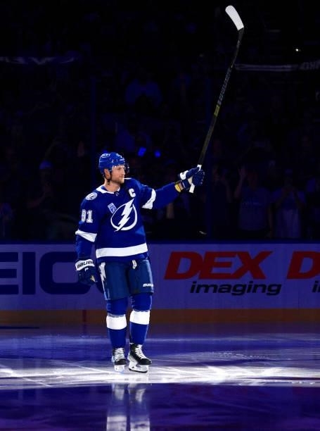 Steven Stamkos of the Tampa Bay Lightning takes the ice during a game against the Pittsburgh Penguins at Amalie Arena on October 12, 2021 in Tampa,...
