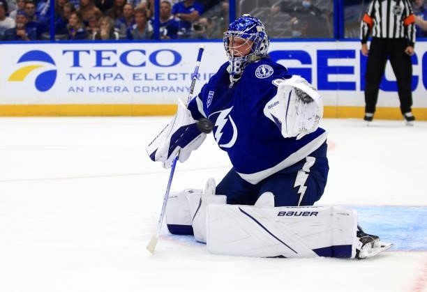 Andrei Vasilevskiy of the Tampa Bay Lightning makes a save during the first period of a game against the Pittsburgh Penguins at Amalie Arena on...