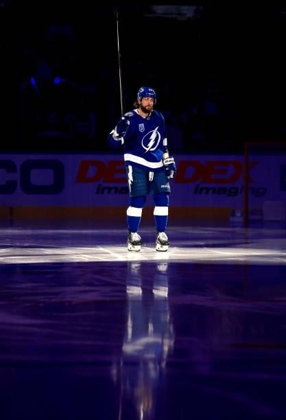 Nikita Kucherov of the Tampa Bay Lightning takes the ice during a game against the Pittsburgh Penguins at Amalie Arena on October 12, 2021 in Tampa,...