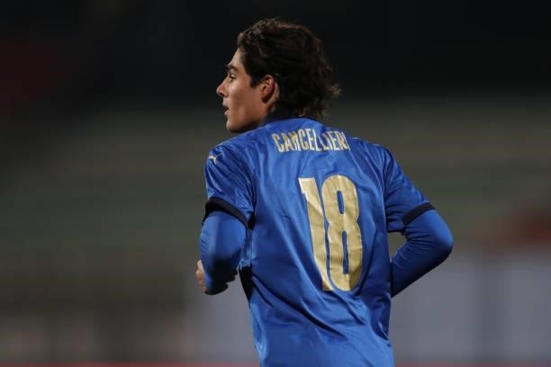 Matteo Cancellieri of Italy during the 2022 UEFA European Under-21 Championship Qualifier match between Italy and Sweden at Stadio Brianteo on...