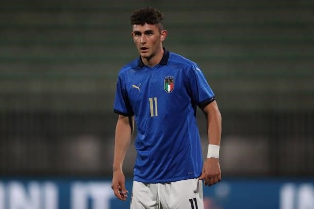 Roberto Piccoli of Italy during the 2022 UEFA European Under-21 Championship Qualifier match between Italy and Sweden at Stadio Brianteo on October...