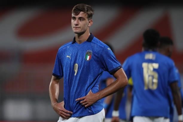Lorenzo Lucca of Italy looks on during the 2022 UEFA European Under-21 Championship Qualifier match between Italy and Sweden at Stadio Brianteo on...