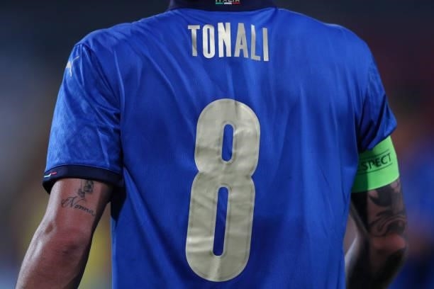 Tattoo reading Nonna is seen on the arm of Sandro Tonali of Italy during the 2022 UEFA European Under-21 Championship Qualifier match between Italy...