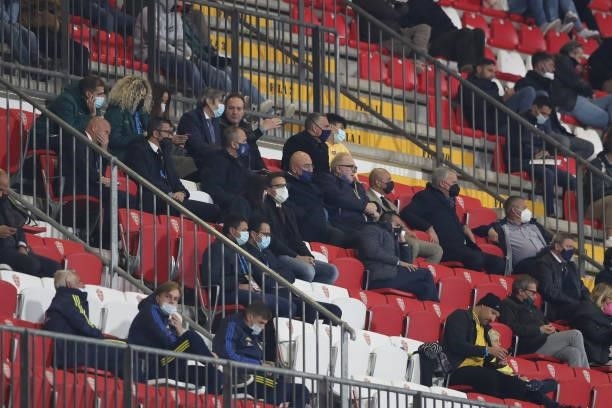 Adriano Galliani CEO of AC monza is seen in the centre looking on from the tribune during the 2022 UEFA European Under-21 Championship Qualifier...