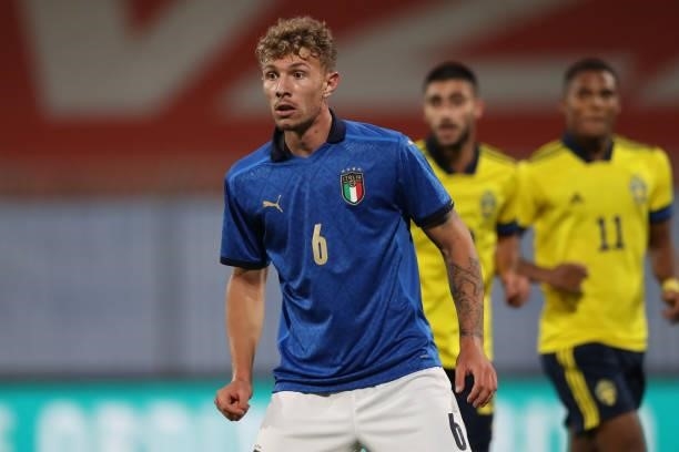 Matteo Lovato of Italy looks on during the 2022 UEFA European Under-21 Championship Qualifier match between Italy and Sweden at Stadio Brianteo on...