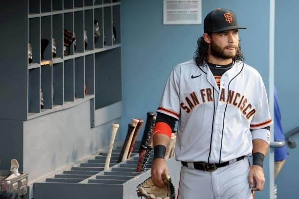 Brandon Crawford of the San Francisco Giants looks on before game 4 of the National League Division Series against the Los Angeles Dodgers at Dodger...