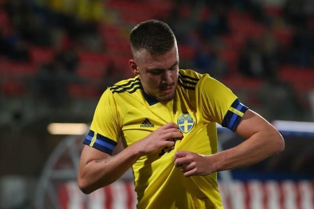 Tim Prica of Sweden celebrates after scoring a last minute goal to level the game at 1-1 during the 2022 UEFA European Under-21 Championship...