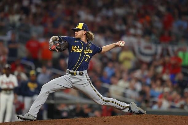 Josh Hader of the Milwaukee Brewers delivers during the eighth inning in game four of the National League Division Series against the Atlanta Braves...