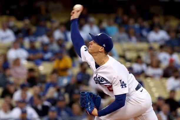 Walker Buehler of the Los Angeles Dodgers pitches against the San Francisco Giants during the first inning in game 4 of the National League Division...