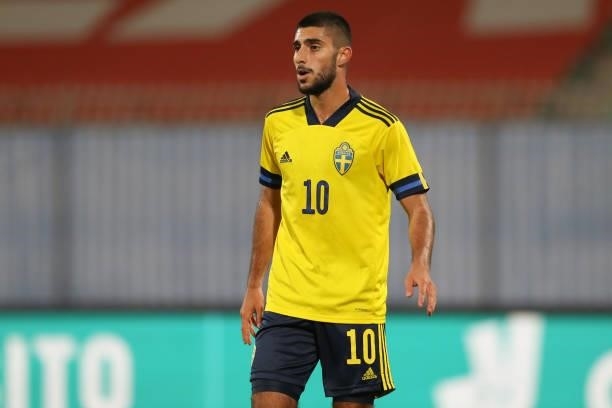 Rami Hajal of Sweden during the 2022 UEFA European Under-21 Championship Qualifier match between Italy and Sweden at Stadio Brianteo on October 12,...