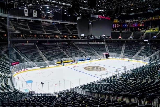 General view of the arena bowl prior to NHL action between the Seattle Kraken and the Vegas Golden Knights at T-Mobile Arena on October 12, 2021 in...