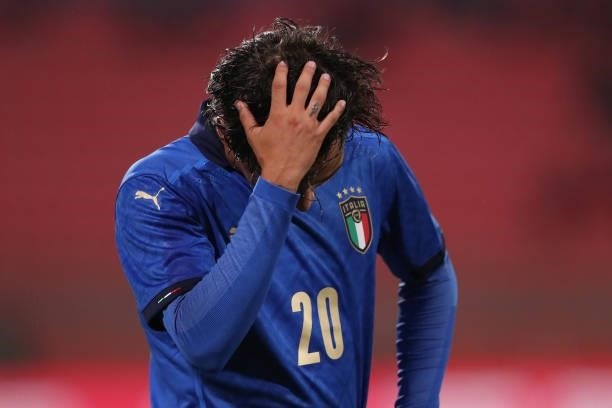Emanuel Vignato of Italy reacts during the 2022 UEFA European Under-21 Championship Qualifier match between Italy and Sweden at Stadio Brianteo on...
