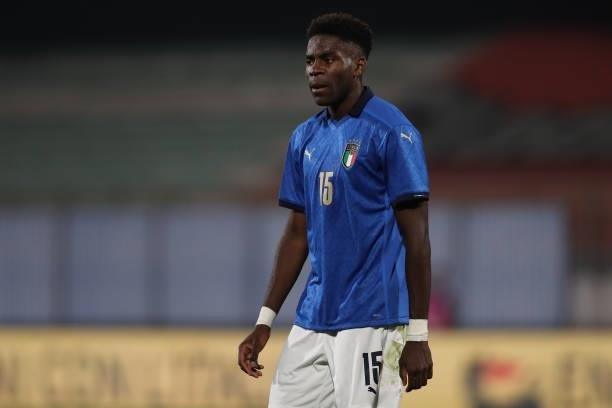 Caleb Okoli of Italy during the 2022 UEFA European Under-21 Championship Qualifier match between Italy and Sweden at Stadio Brianteo on October 12,...
