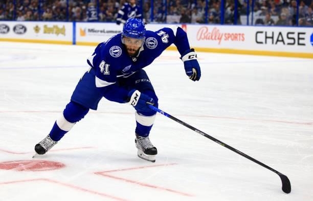 Boris Katchouk of the Tampa Bay Lightning looks to pass during the second period of a game against the Pittsburgh Penguins at Amalie Arena on October...