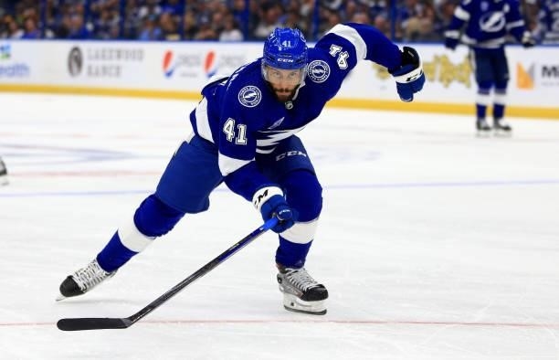 Boris Katchouk of the Tampa Bay Lightning looks to pass during the second period of a game against the Pittsburgh Penguins at Amalie Arena on October...