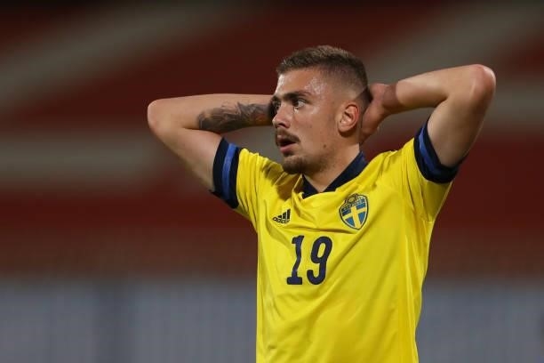 Tim Prica of Sweden reacts during the 2022 UEFA European Under-21 Championship Qualifier match between Italy and Sweden at Stadio Brianteo on October...