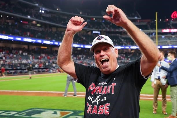 Brian Snitker of the Atlanta Braves reacts following the 5-4 win over the Milwaukee Brewers in game four of the National League Division Series at...