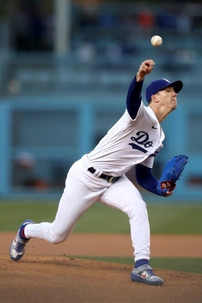 Walker Buehler of the Los Angeles Dodgers pitches against the San Francisco Giants during the first inning in game 4 of the National League Division...