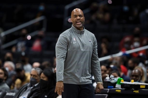 Head coach Wes Unseld Jr. Of the Washington Wizards reacts to a play against the Toronto Raptors during the second half at Capital One Arena on...