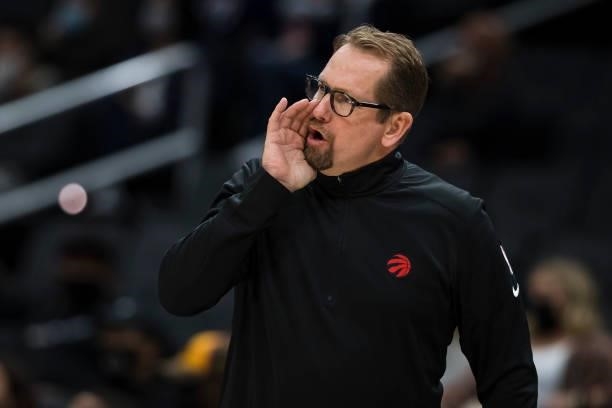 Head coach Nick Nurse of the Toronto Raptors instructs players during the second half of the game against the Washington Wizards at Capital One Arena...