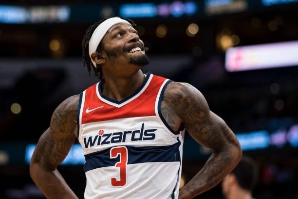 Bradley Beal of the Washington Wizards reacts to a play against the Toronto Raptors during the first half at Capital One Arena on October 12, 2021 in...