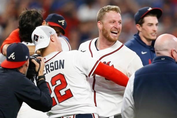 Will Smith of the Atlanta Braves celebrates post game after defeating the Milwaukee Brewers in game four of the National League Division Series at...