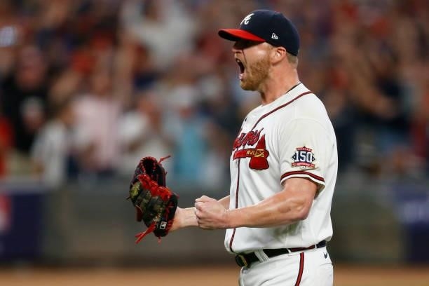 Will Smith of the Atlanta Braves celebrates defeating the Milwaukee Brewers in game four of the National League Division Series at Truist Park on...